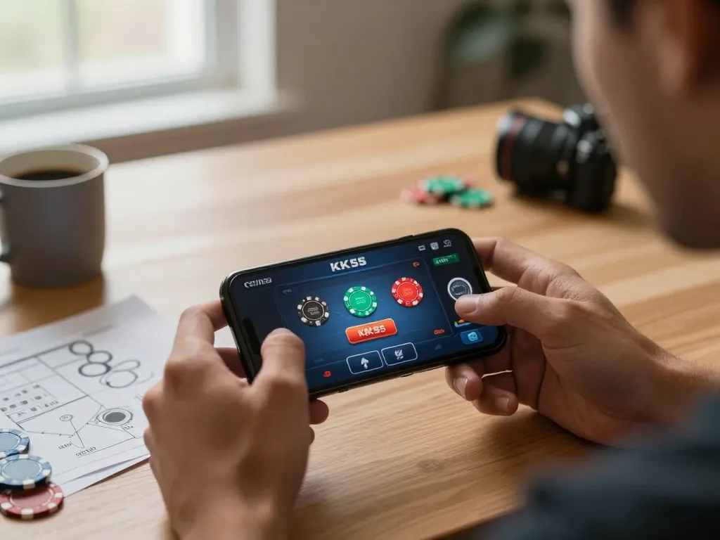 Player engaging with KK55 app on smartphone, showcasing strategic gameplay and responsible gambling.