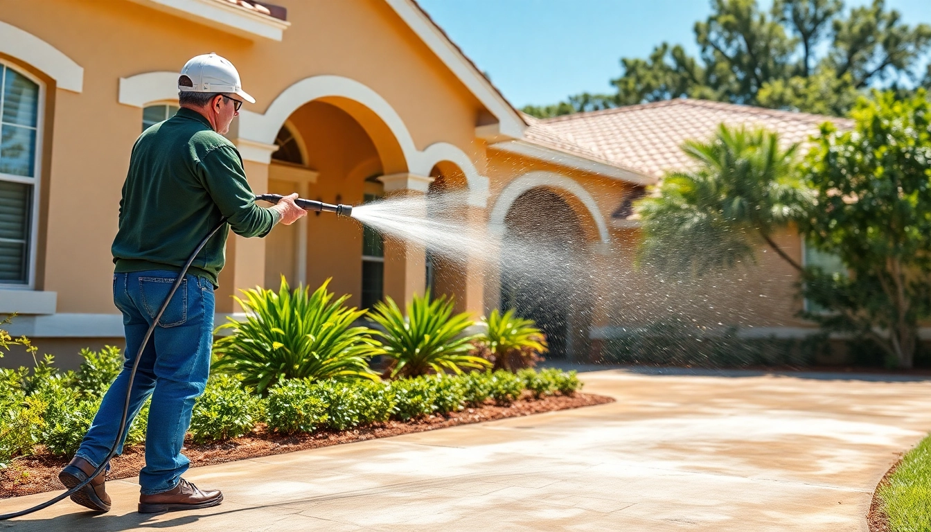 Soft wash cleaning process on a home in Kissimmee, showcasing eco-friendly practices and expert service.