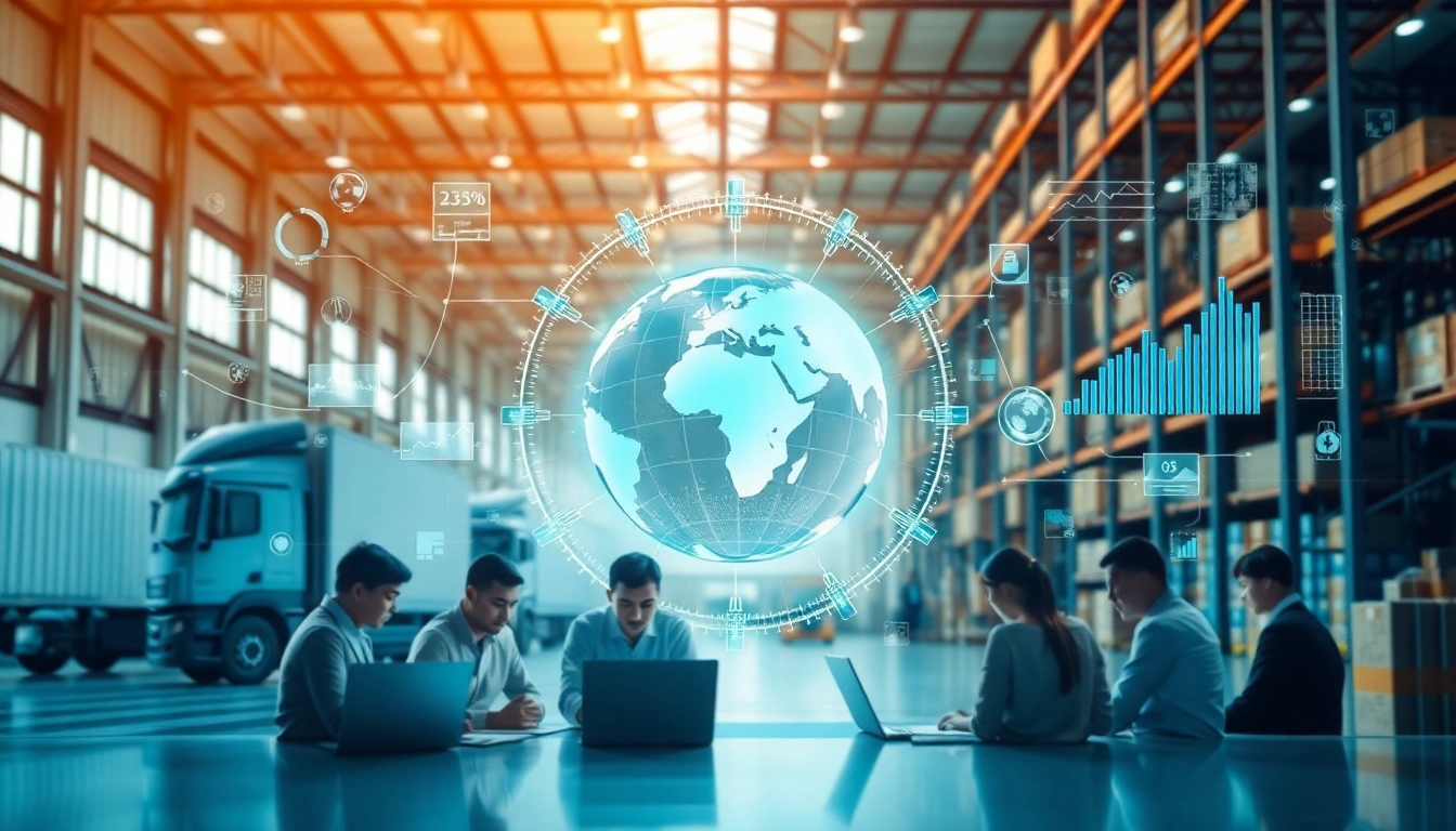 Showcasing AI in supply chain planning, a team collaborates with data analysis and logistics visuals.