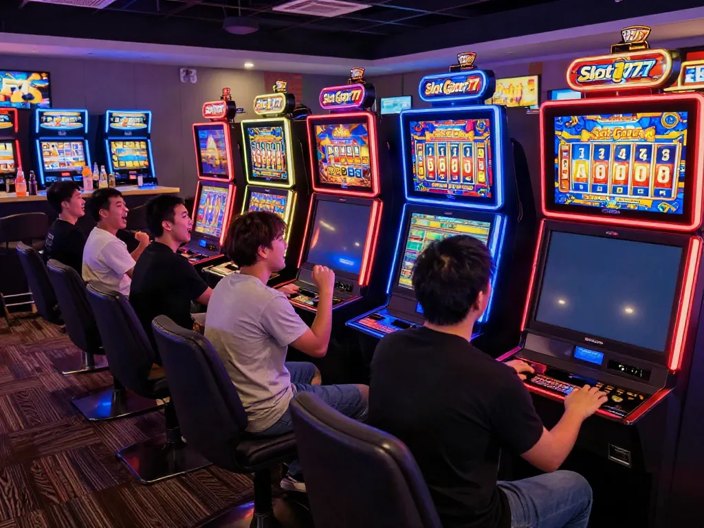 Pengalaman bermain slot777 di ruang permainan slot dengan mesin berwarna cerah dan pemain yang antusias.