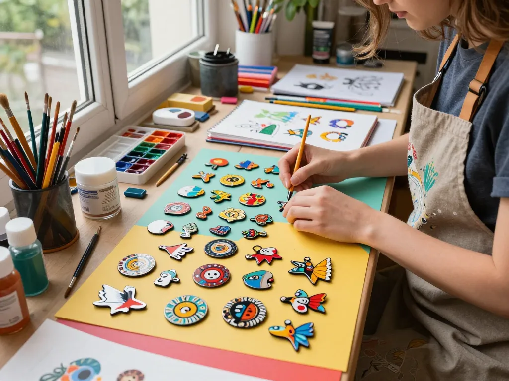 Artist showcasing custom acrylic pins in a vibrant studio environment surrounded by colorful art supplies.