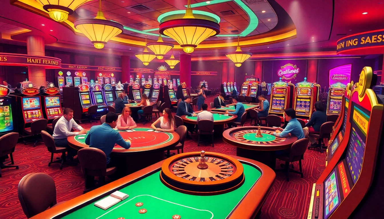 KJC AC 3 settings featuring enthusiastic players at casino tables with vibrant slot machines and roulette wheels.