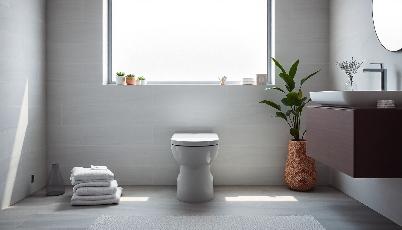 Copri wc moderno in un bagno elegante con accessori coordinati e illuminazione naturale.