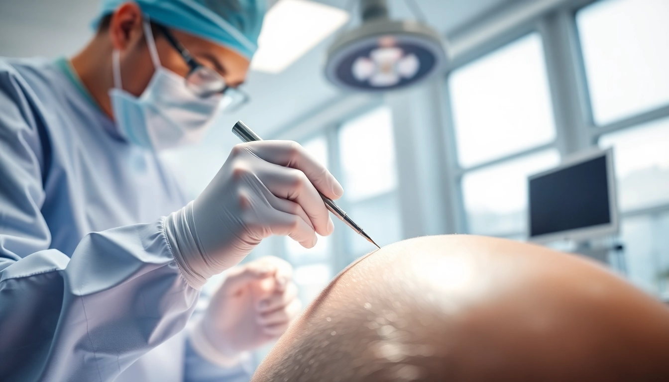 Hair transplant procedure showcasing a dedicated surgeon in a clean clinic environment.