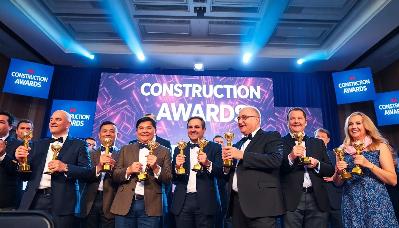 Celebrate achievements at Construction awards event showcasing proud winners with trophies.