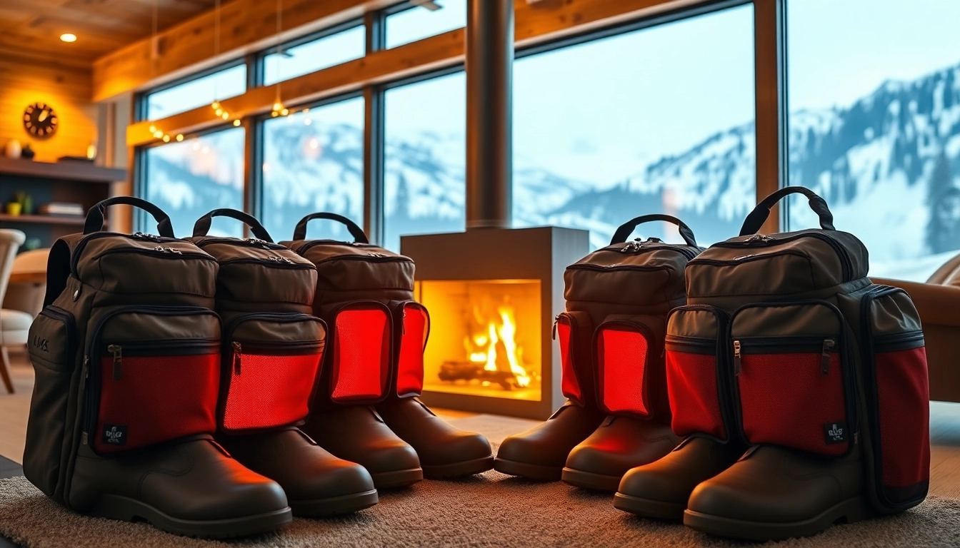 Showcasing heated boot bags in a cozy ski lodge environment.