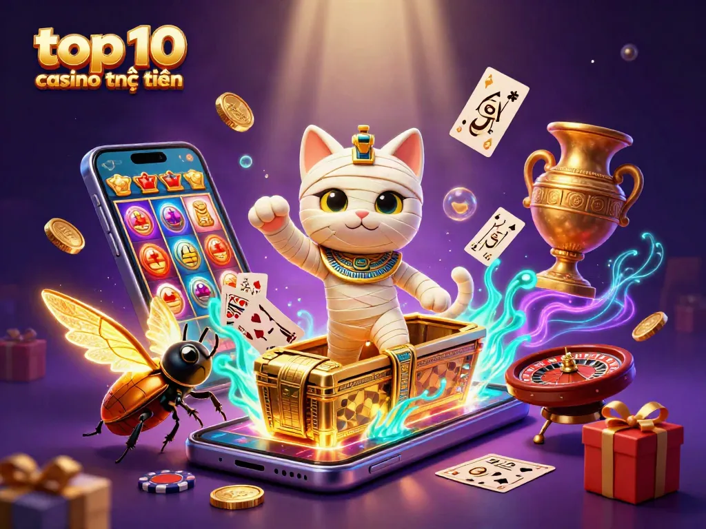 Trải nghiệm các trò chơi tại top 10 casino trực tuyến cùng hình ảnh mèo mummy và bóng đèn vàng.