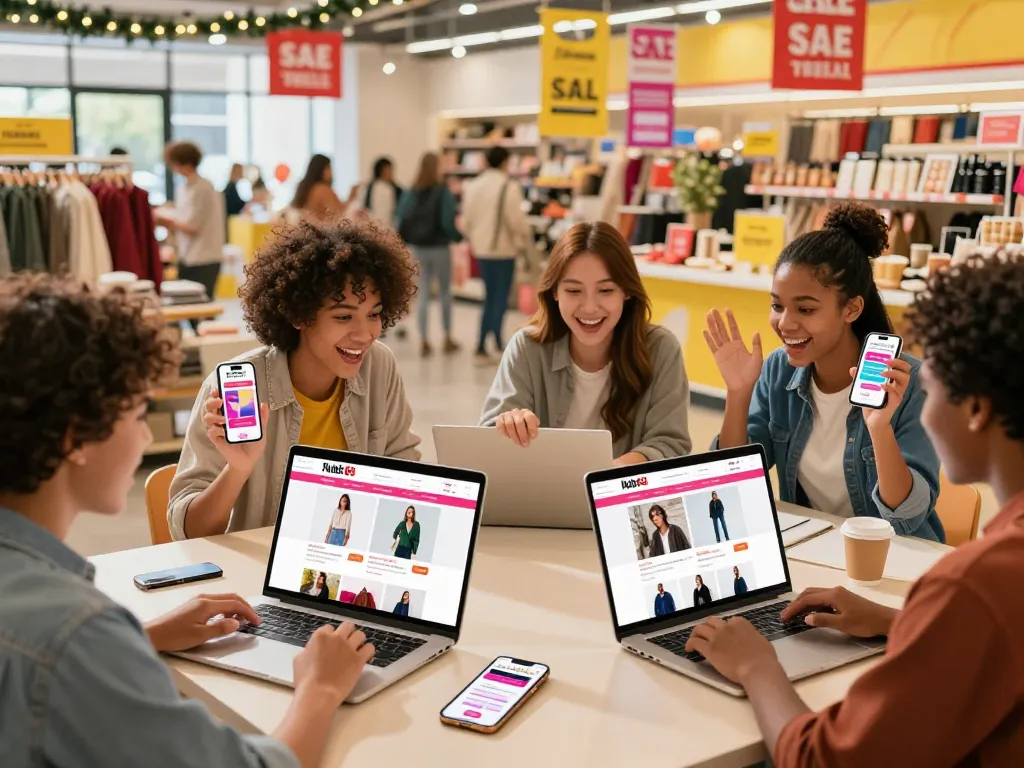 Excited shoppers exploring Hubet 88's online sales and new products in a vibrant e-commerce atmosphere