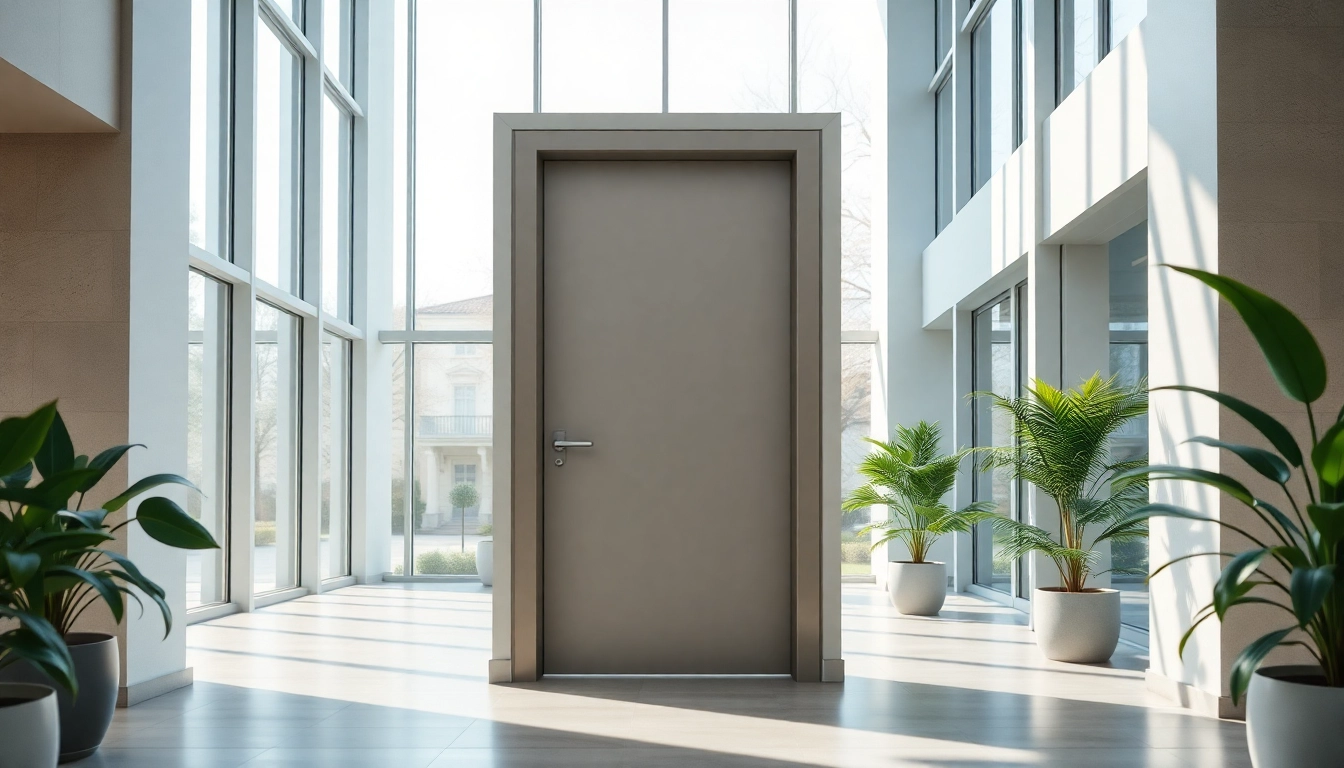 Open exit door showcasing a modern architectural design with sleek finishes.