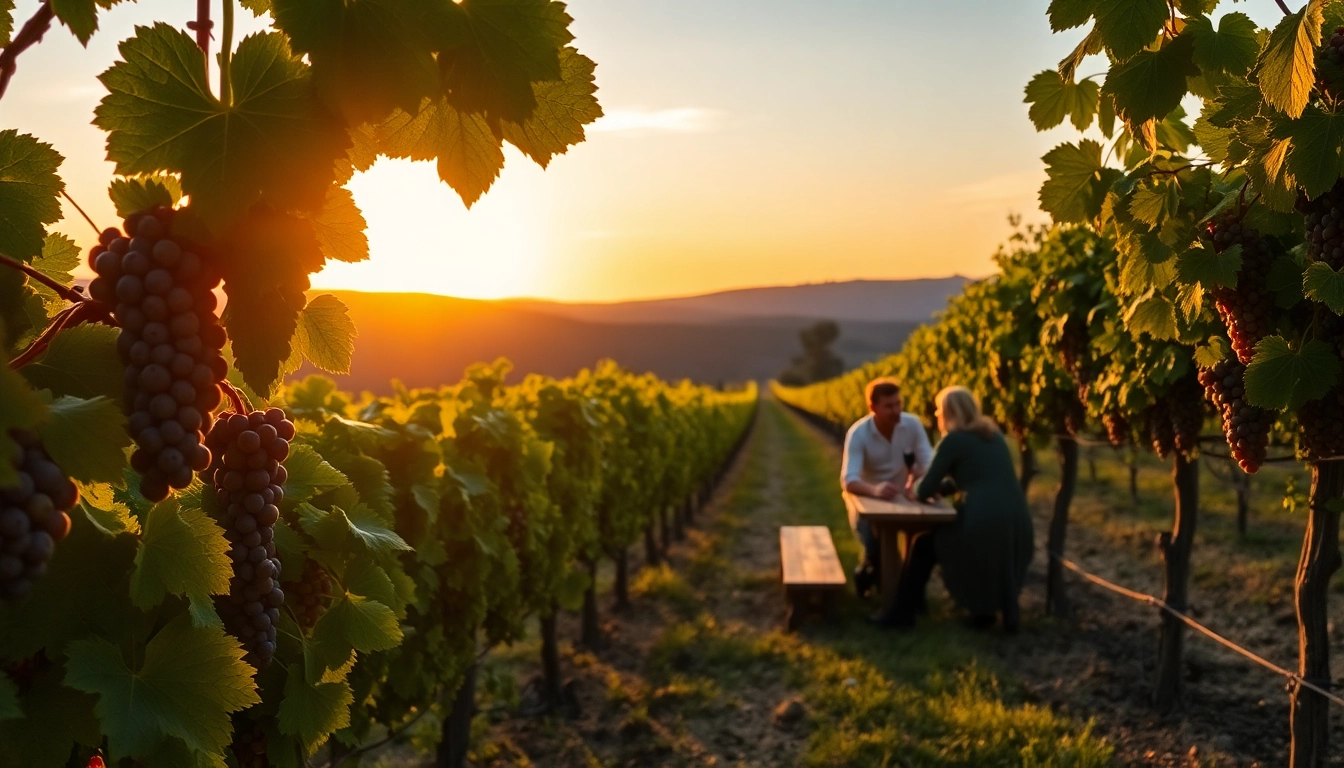 Wineries in Clarksburg showcasing a beautiful vineyard at sunset with couples enjoying wine tasting.