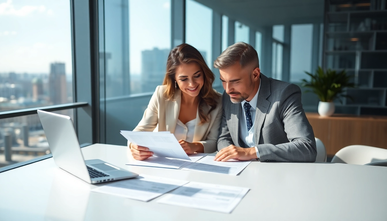 Couple discussing their Family Law Financial Agreements at a sleek office desk.