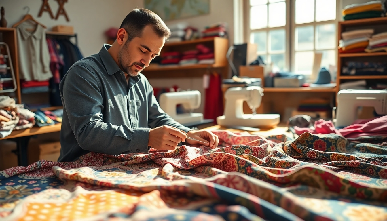 Stoffen voor kleding maken in een gezellige leerwerkplaats met kleurrijke stoffen.
