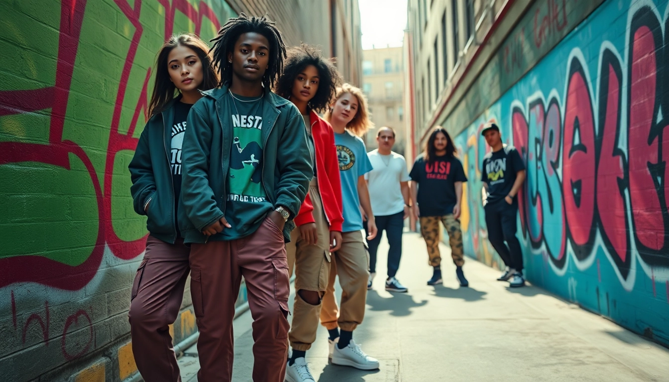 Streetwear style inspiration featuring diverse models in vibrant outfits against a graffiti backdrop.