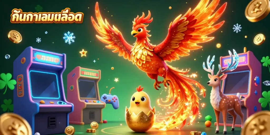 Engage with ค้นหาเกมสล็อต through an enchanting illustration featuring a phoenix and exciting gaming elements.