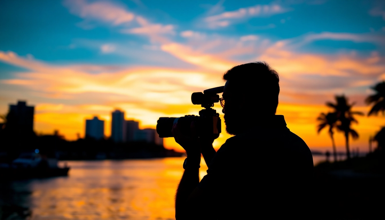 Tampa photography showcasing a photographer capturing a sunset with tropical elements.