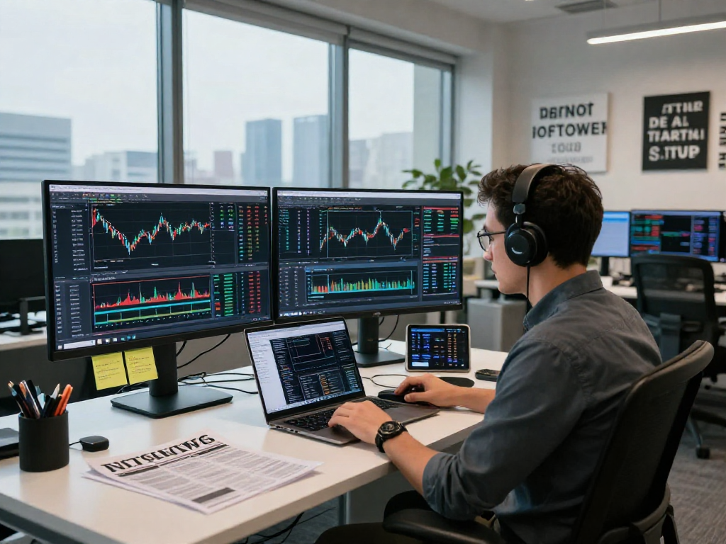 Trader using TradingView on multiple screens in a modern office, focusing on market analysis and trends.