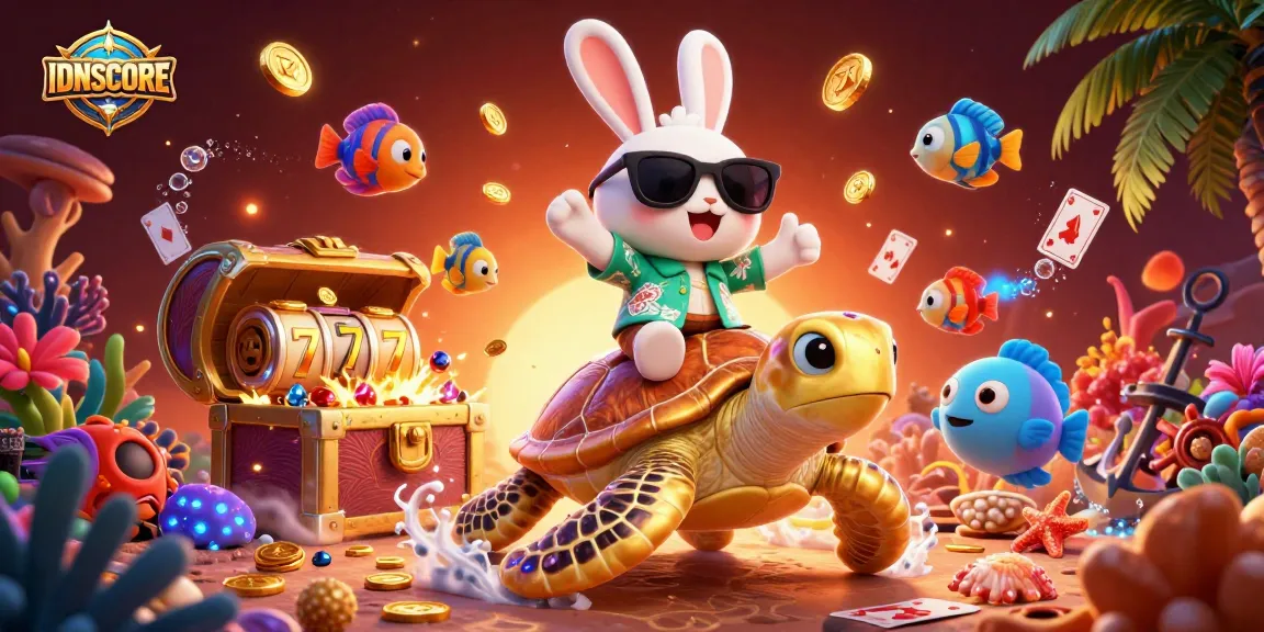 IDNSCORE showcases excitement in a vibrant 3D casino scene with a lucky rabbit and golden turtle