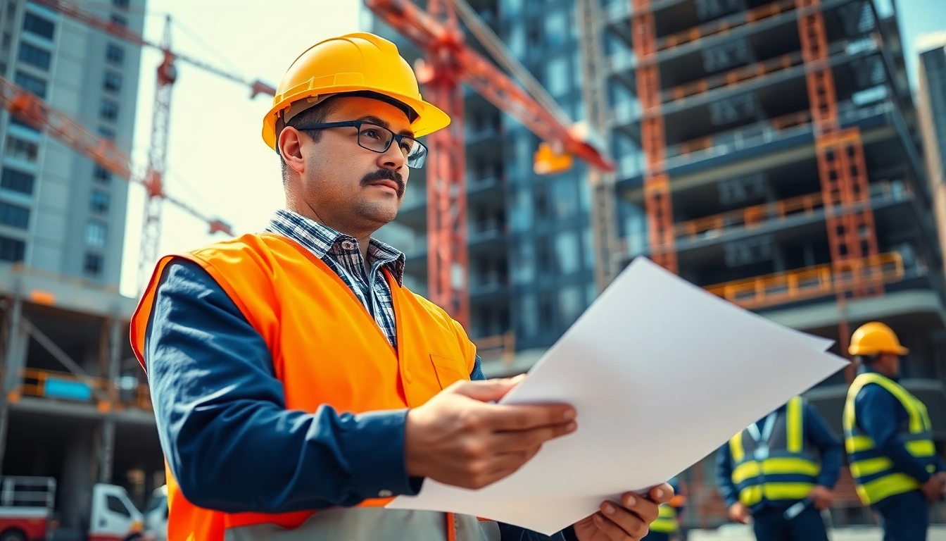 Manhattan Construction Manager supervising a construction site with blueprints in hand.