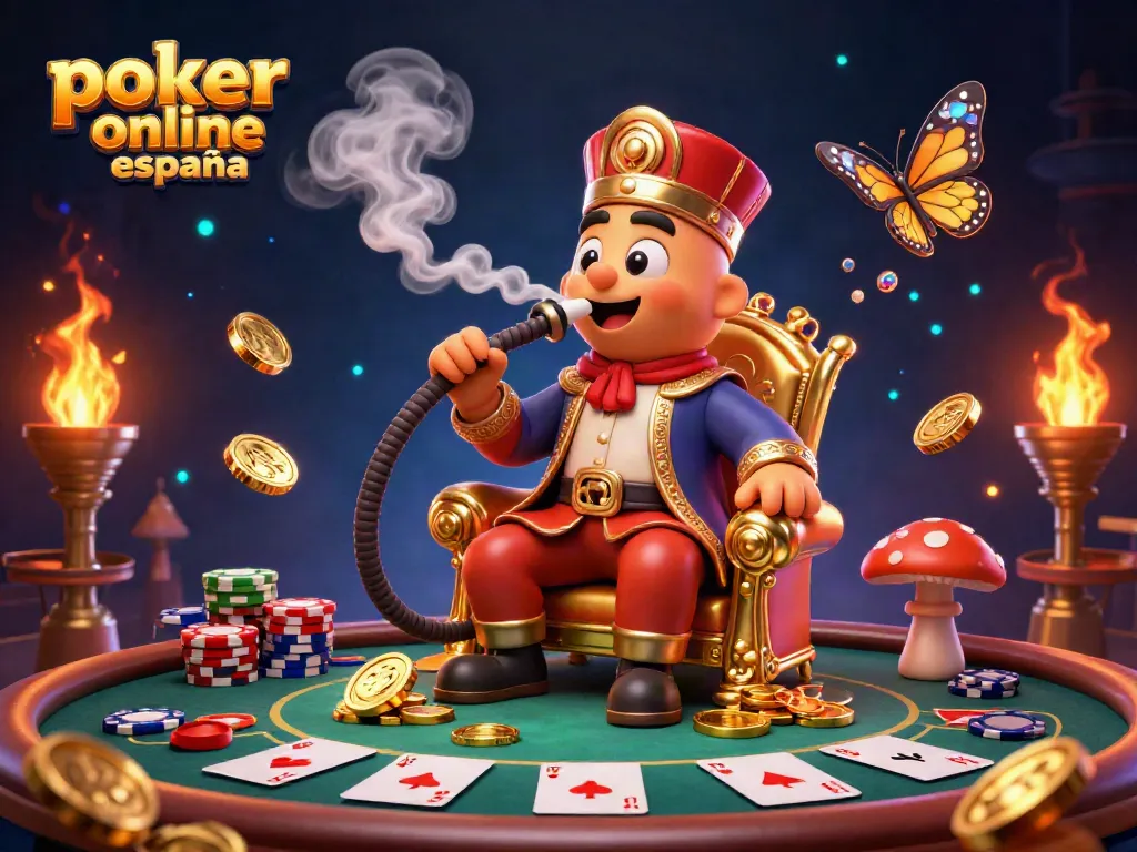Juega poker online españa con un entorno vibrante de poker y personajes animados que crean un ambiente emocionante.