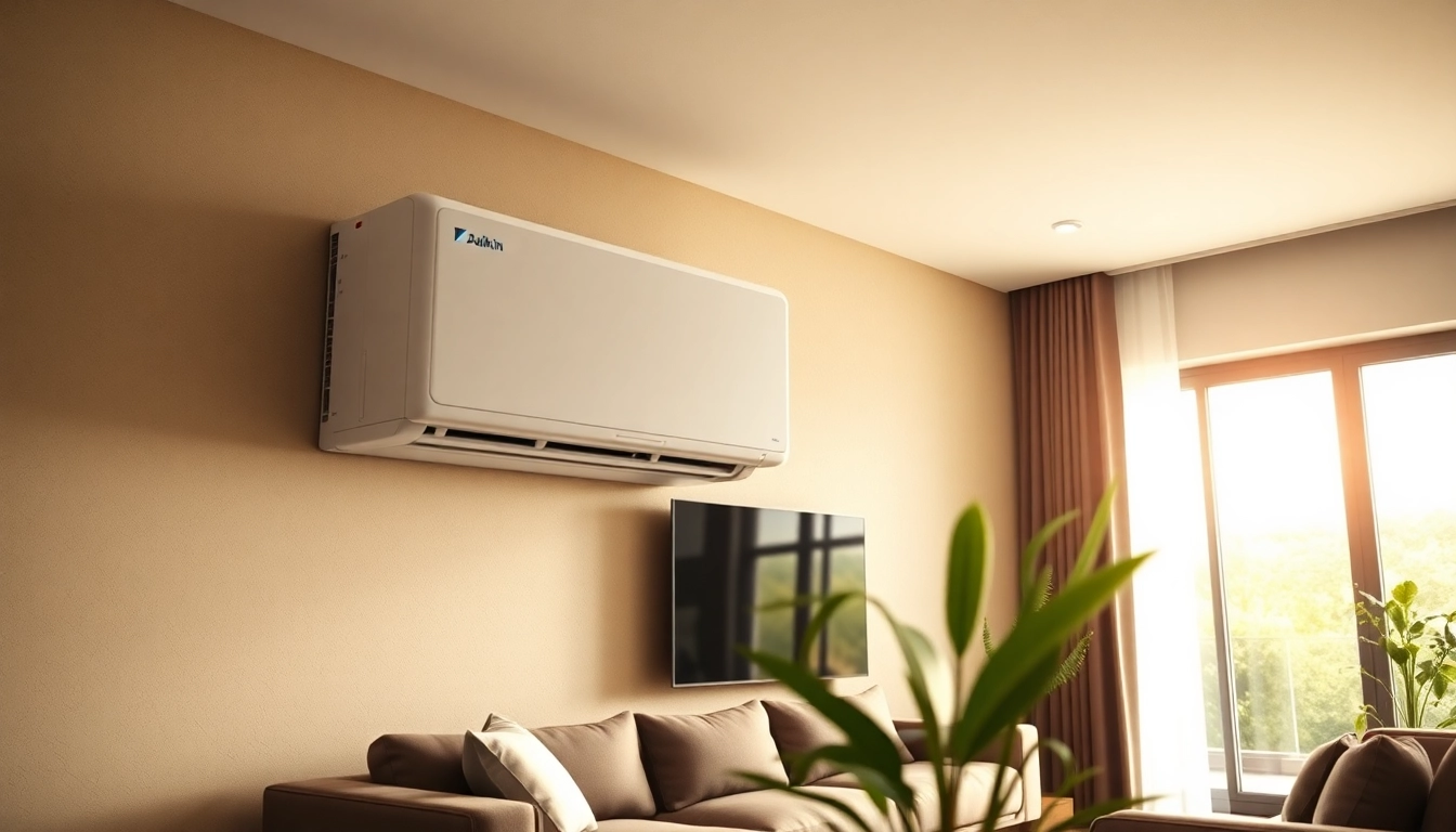 Efficient daikin mini split ac unit stylishly installed in a modern living room, showcasing its sleek design.