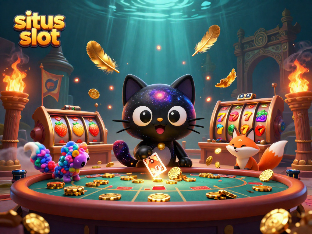 Gambarlah situs slot yang menarik dengan kucing hitam berputar dan simbol buah bersinar.