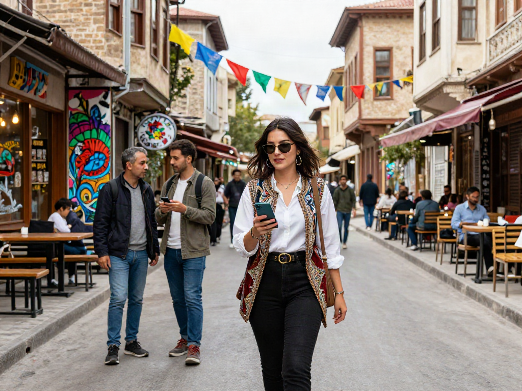 diyarbakır escort hizmeti arayan genç kadın sokakta yürürken, modern giyimiyle dikkat çekiyor
