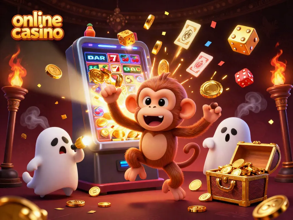 Juega en un casino online mientras un travieso mono fantasma juggla monedas y dados en un ambiente de terror.