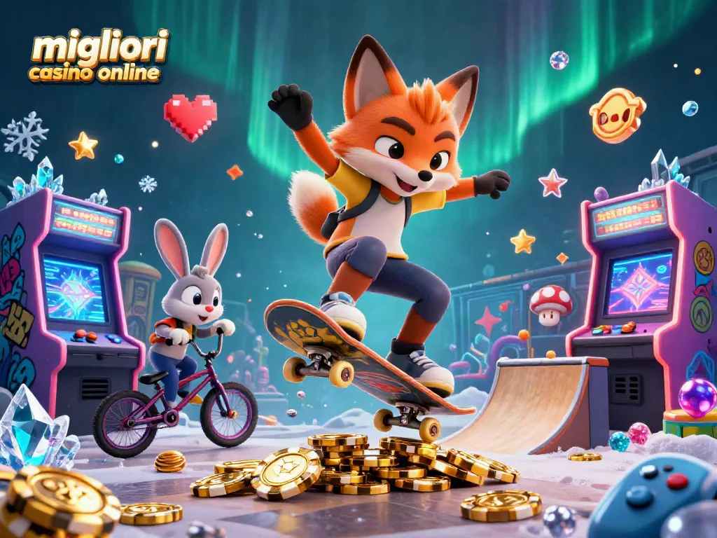 I migliori casino online presentano un'illustrazione dinamica con un fox skateboarder e un coniglio BMX tra simboli di casinò.