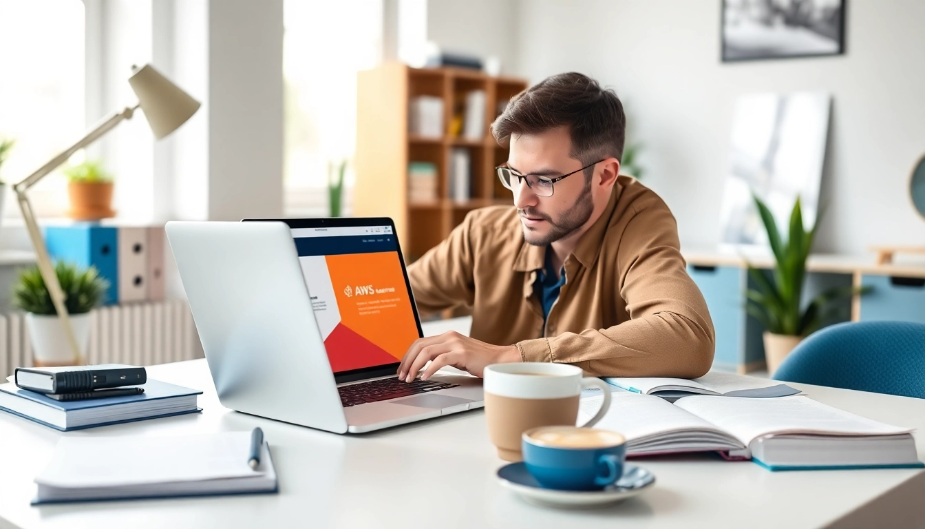 Focus on a professional studying with intent to pay someone to take my AWS exam at a tidy home office.
