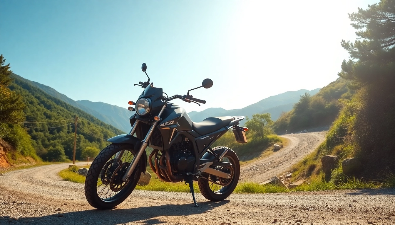Captivating view of a dual sport street legal motorcycles on a scenic trail amid nature.