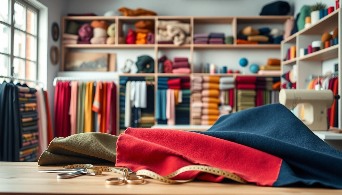 Punta di Roma stof met kleurrijke textielstalen en naaigereedschappen in een studio.