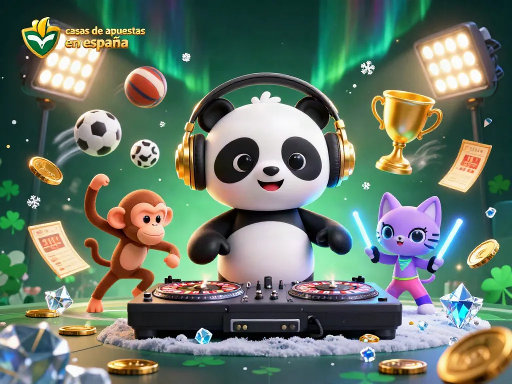 Visualiza casas de apuestas en España con un panda DJ y una atmósfera festiva de apuestas deportivas.