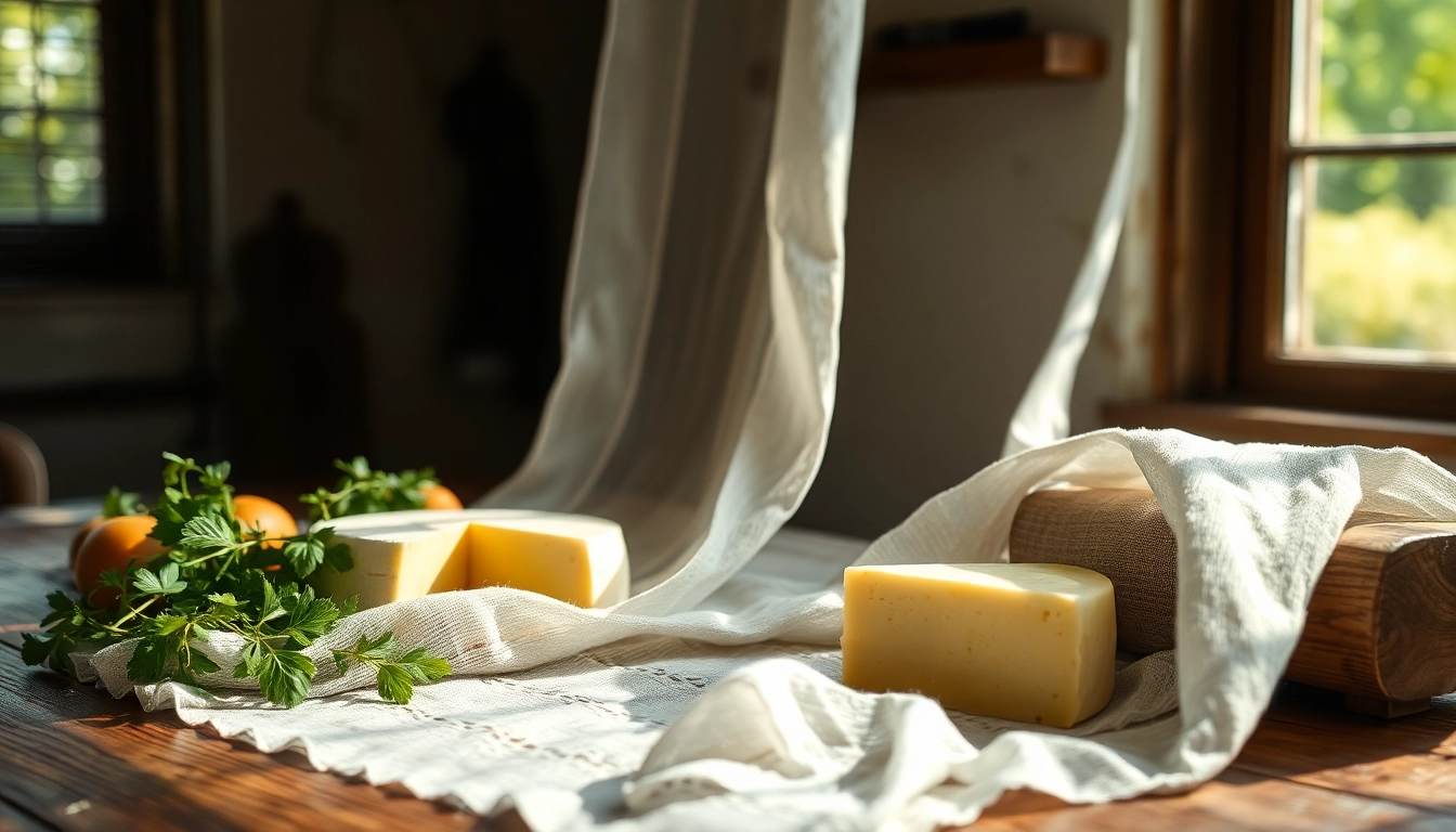 Kaasdoek prachtig gedrapeerd, met verse ingrediënten en zachte verlichting op een houten tafel.