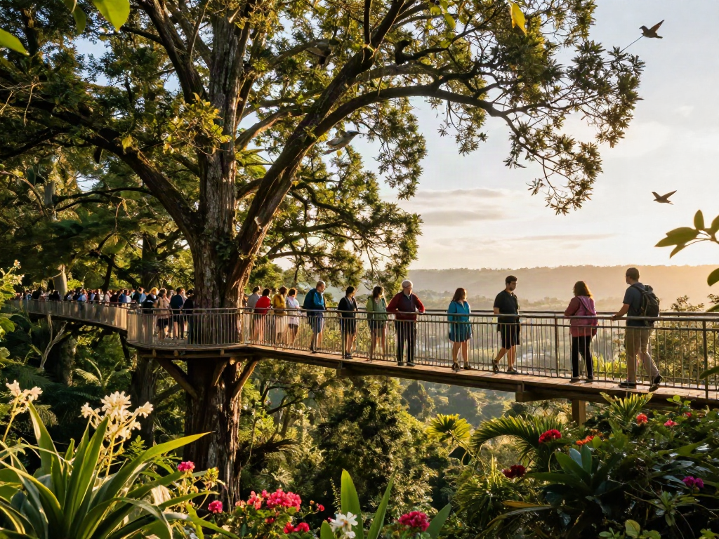 Treetop Walkway experience showcasing visitors walking among the trees, immersed in nature.