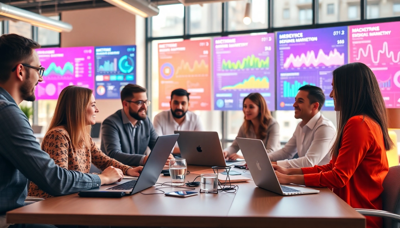 Dynamic collaboration among a digital marketing company team in a modern office.