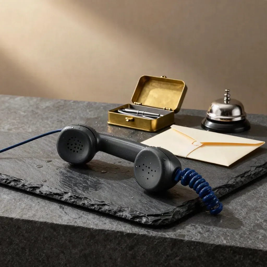 Graphite handset, brass contact box, bell and envelopes on wet slate after rain.