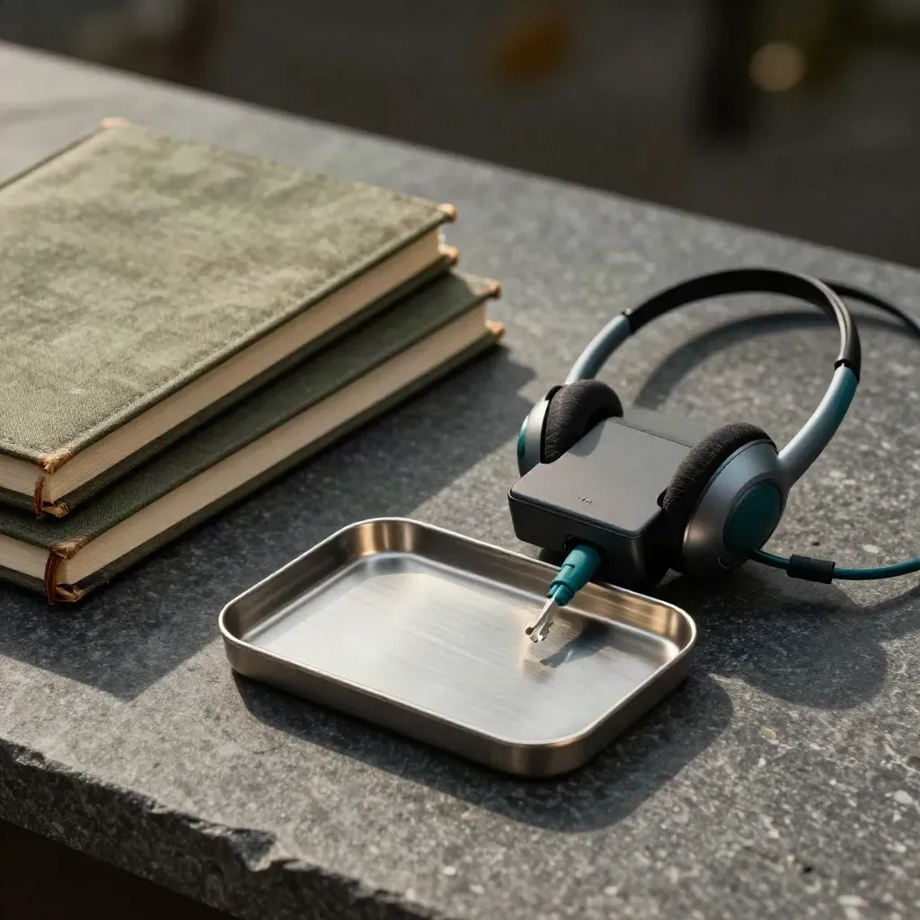 Top-down still life of notebooks, card tray, and headset dock on graphite stone
