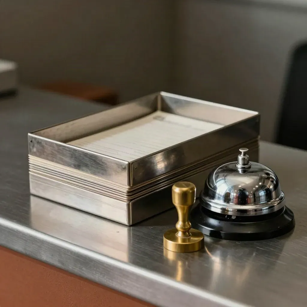 Brushed steel message trays, call bell, and brass stamp on a dark service counter.