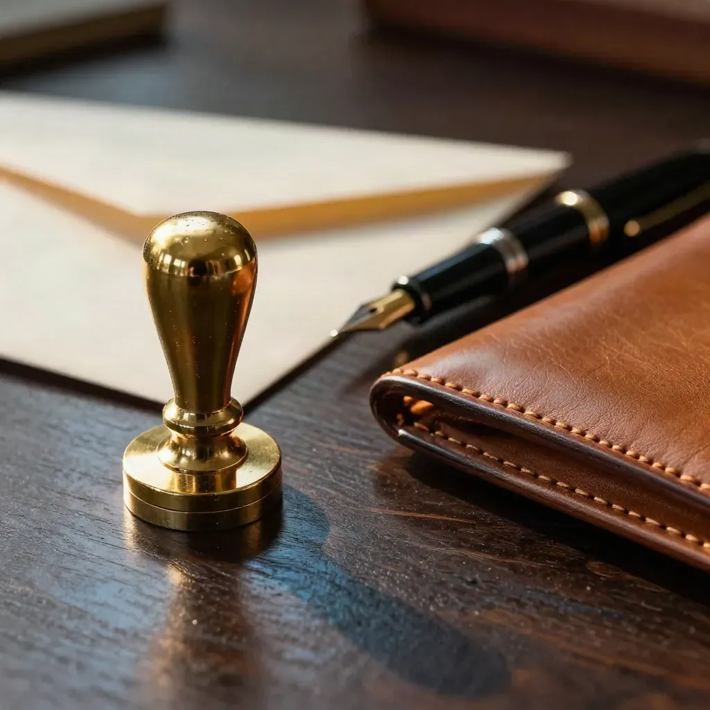 Brass stamp, sealed envelope, fountain pen and leather wallet on dark oak in warm macro light.