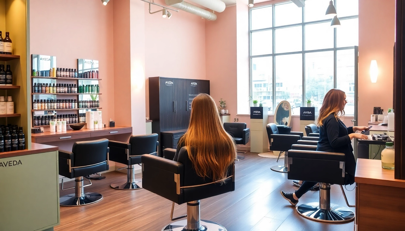 Stylish interior of addendum salon showcasing eco-friendly hair products and professional stylists.
