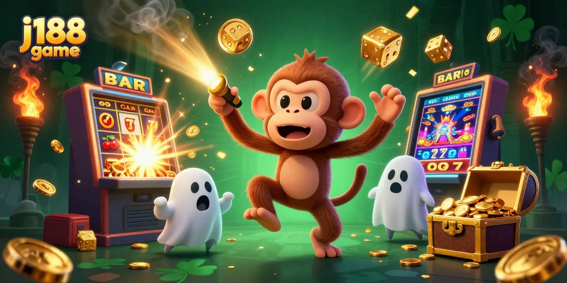 Engage with the exciting j188 game as a mischievous monkey juggles casino treasures in a haunted setting.