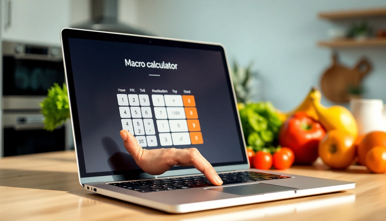 Calculate nutrition needs with an interactive macro calculator on a laptop in a bright kitchen.