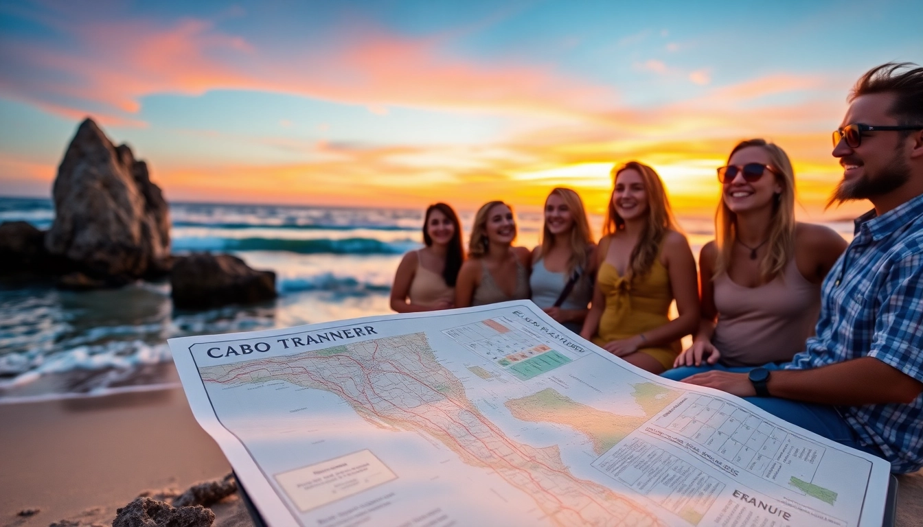 Cabo trip planner showcasing happy travelers by the beach during sunset with a travel map.