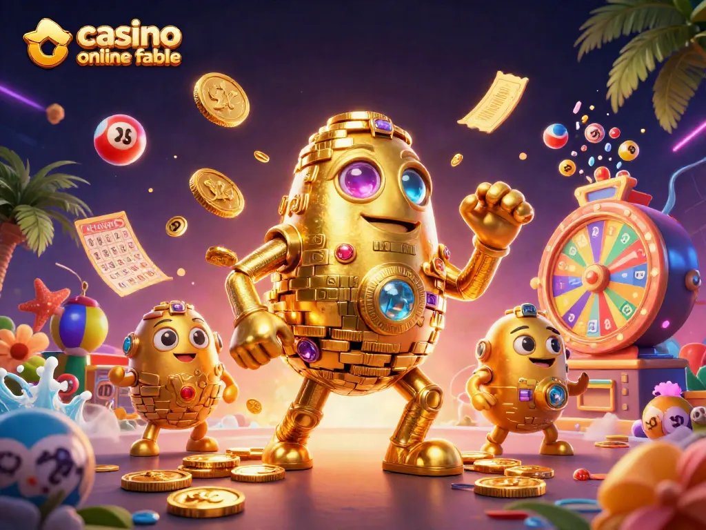 Gana jugando en un casino online fiable con un golem dorado y símbolos de tragamonedas.