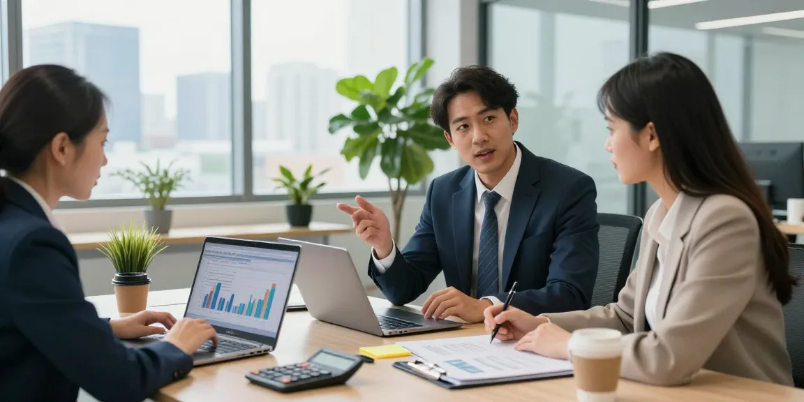 Financial consultant explaining merchant cash advance options to a small business owner in a modern office setting.