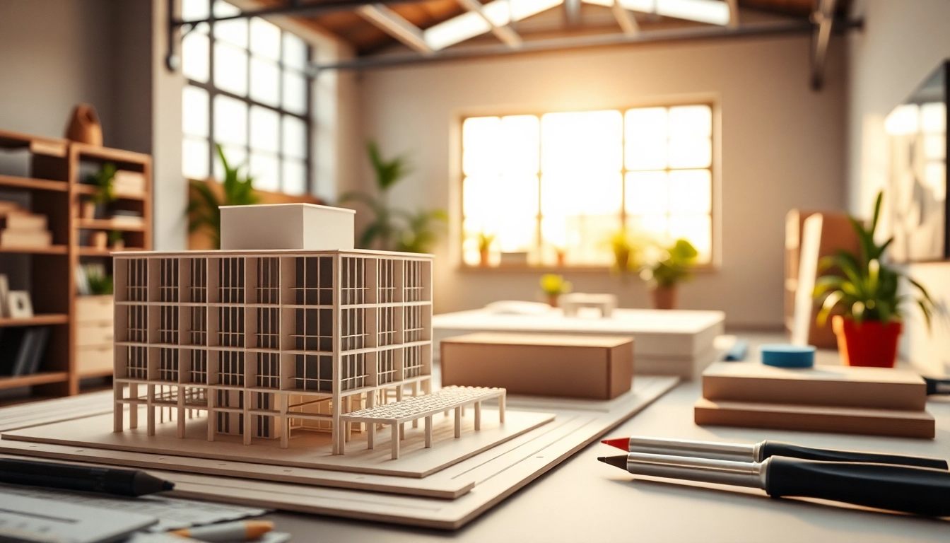 architekturmodellbau Wuppertal zeigt präzise Architekturmodelle und kreative Werkzeuge im Arbeitsraum.
