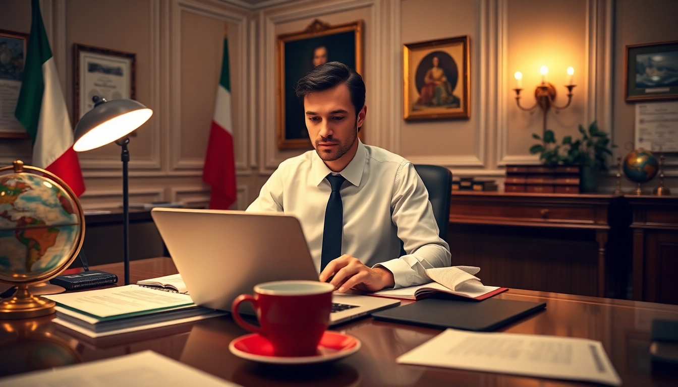 Traducteur assermenté italien travaillant dans un bureau élégant avec des documents juridiques et un ordinateur portable.