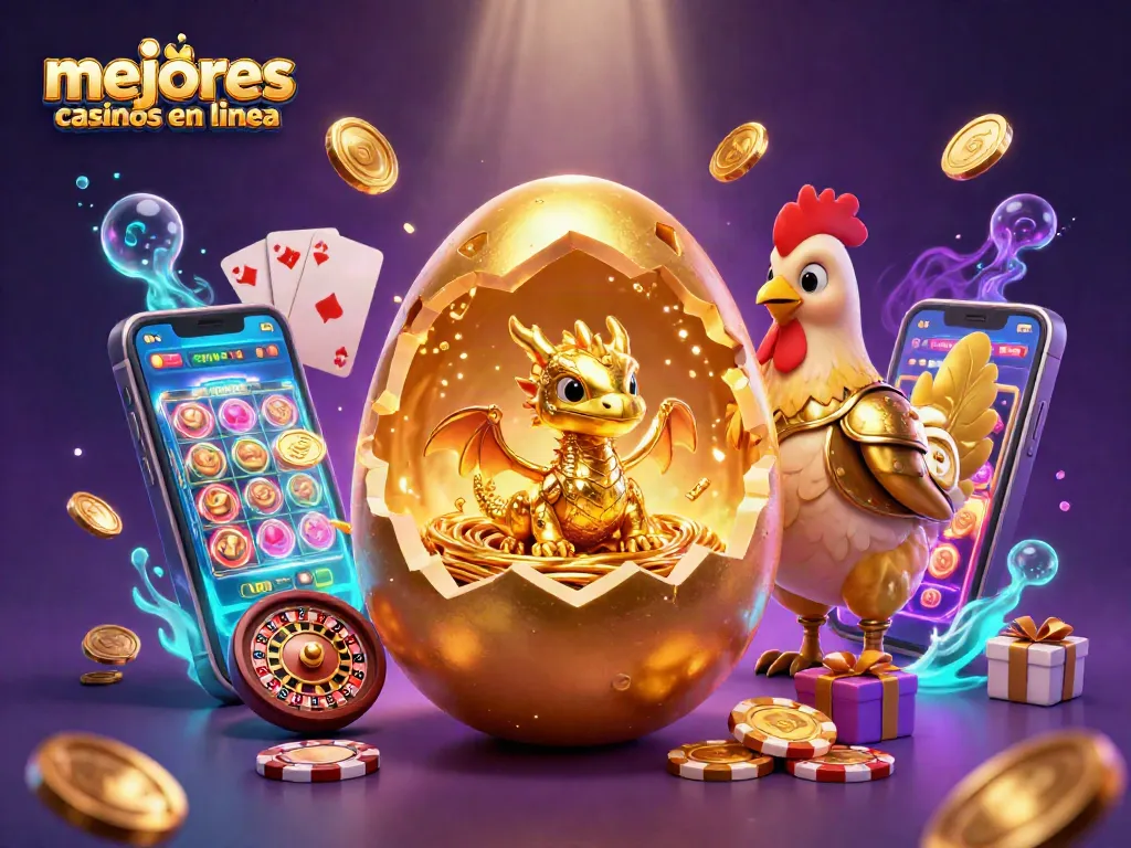 Los mejores casinos en línea presentan un dragón dorado y elementos de juego vibrantes en una escena mágica.