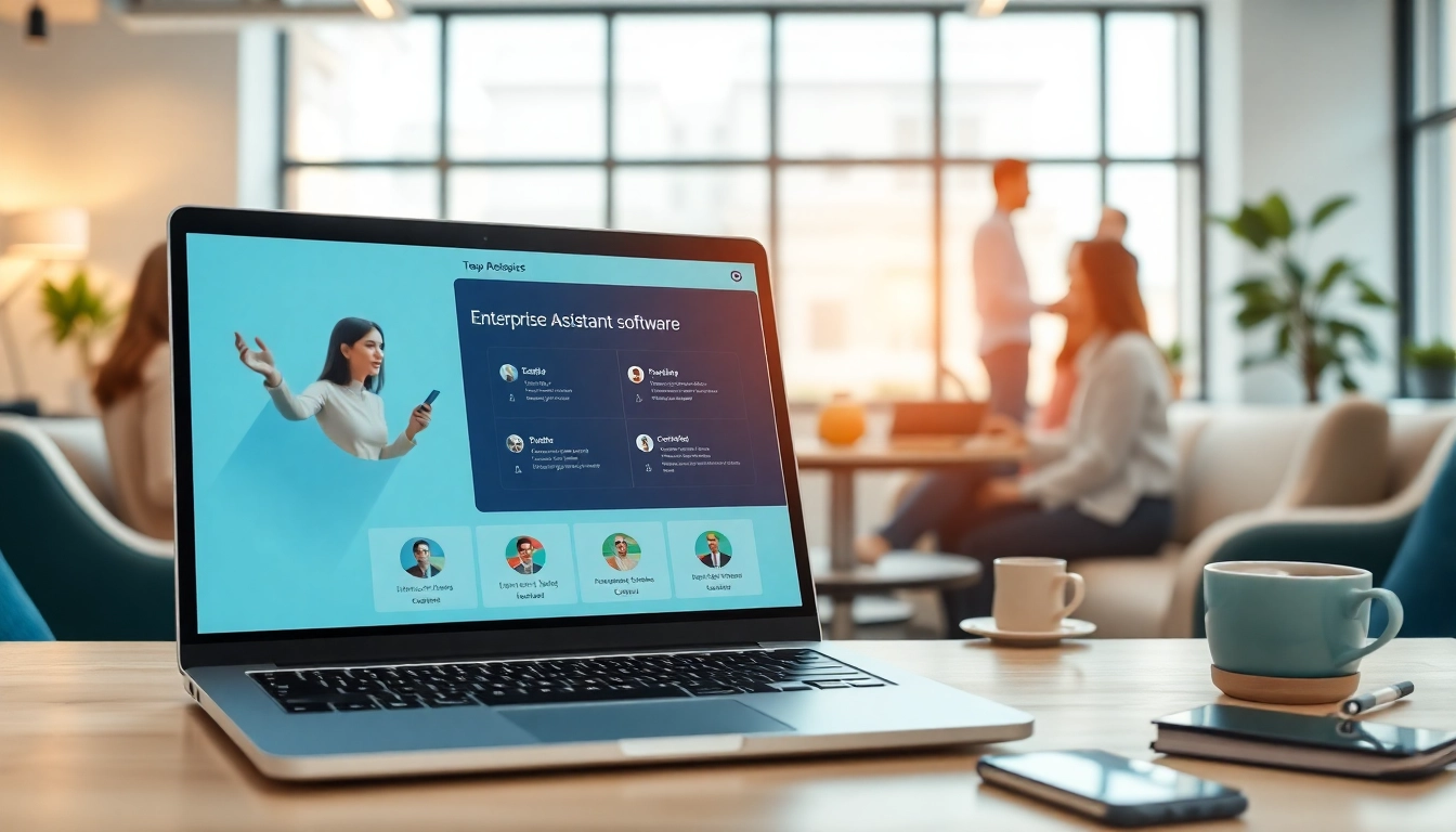 Showcase of enterprise assistant software interface highlighting features in a modern office environment.