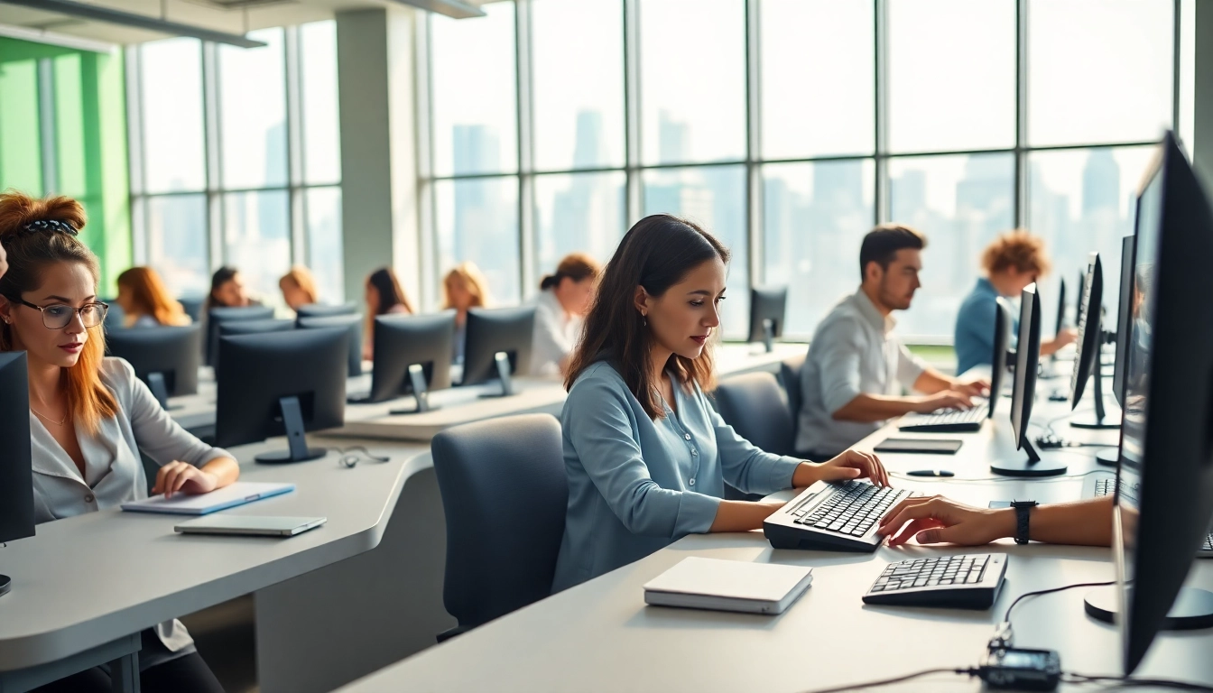 Engaged users at a typing center focusing on their work in a bright environment.